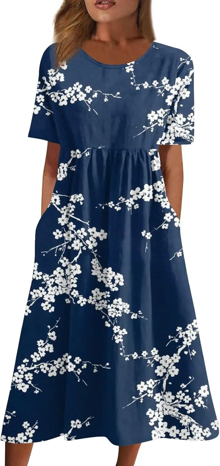 Women Summer Casual Dress Loose A-Line Floral T-Shirt Soft Floral Cotton Dress Short Sleeve Beach Sundress with Pockets