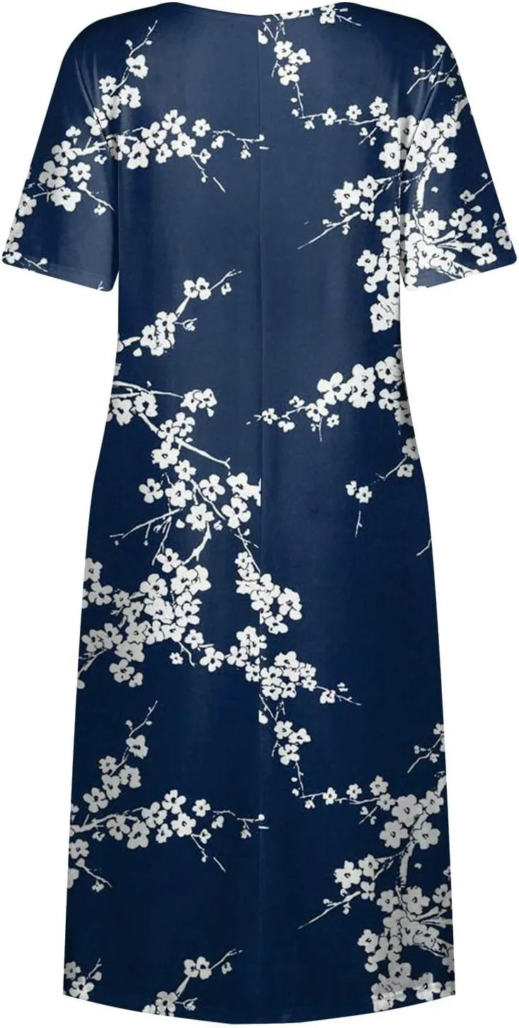 Women Summer Casual Dress Loose A-Line Floral T-Shirt Soft Floral Cotton Dress Short Sleeve Beach Sundress with Pockets