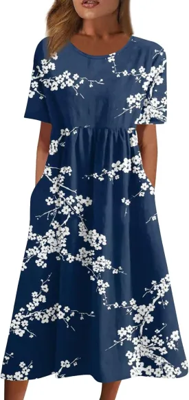 Women Summer Casual Dress Loose A-Line Floral T-Shirt Soft Floral Cotton Dress Short Sleeve Beach Sundress with Pockets