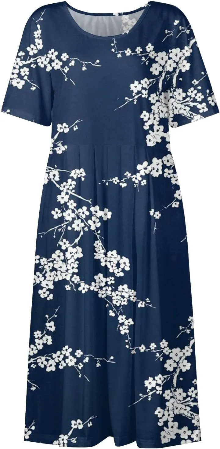 Women Summer Casual Dress Loose A-Line Floral T-Shirt Soft Floral Cotton Dress Short Sleeve Beach Sundress with Pockets