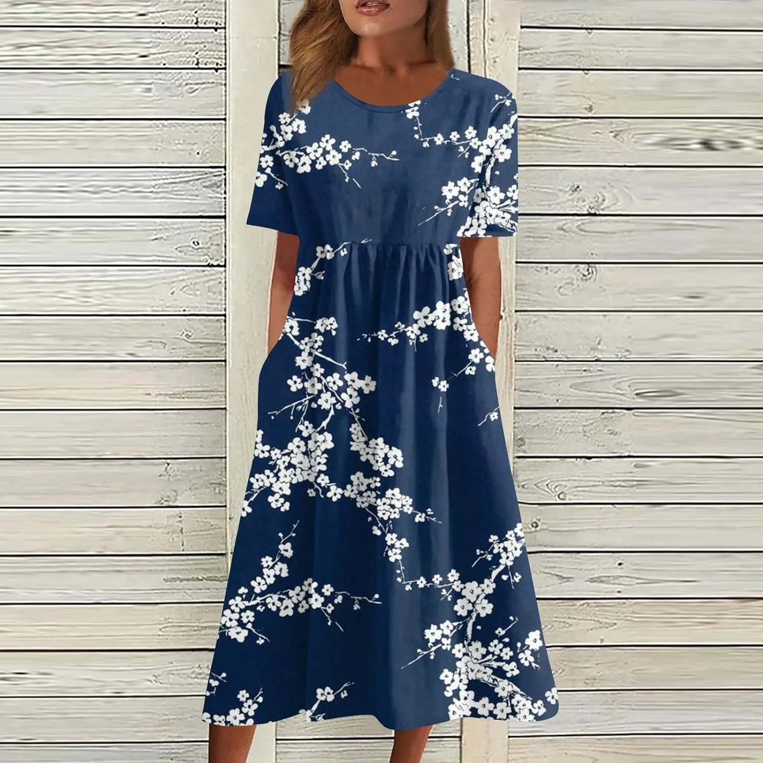 Women Summer Casual Dress Loose A-Line Floral T-Shirt Soft Floral Cotton Dress Short Sleeve Beach Sundress with Pockets