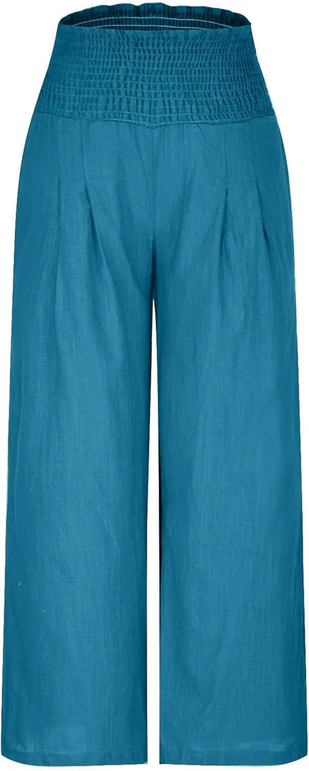 Women Summer Smocked Cotton Linen Palazzo Pants High Waisted Wide Leg Lounge Pant Boho Trousers Joggers with Pockets
