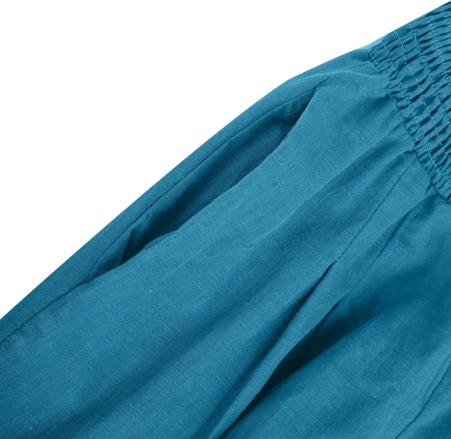 Women Summer Smocked Cotton Linen Palazzo Pants High Waisted Wide Leg Lounge Pant Boho Trousers Joggers with Pockets