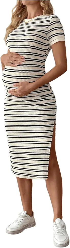 Women's Casual Striped Maternity Dress Short Sleeve Sleeve Split Thigh Bodycon Dresses Pregnancy Clothes