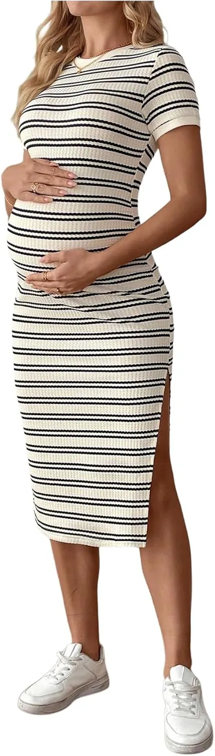 Women's Casual Striped Maternity Dress Short Sleeve Sleeve Split Thigh Bodycon Dresses Pregnancy Clothes