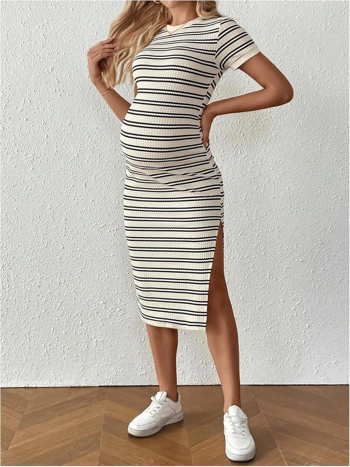 Women's Casual Striped Maternity Dress Short Sleeve Sleeve Split Thigh Bodycon Dresses Pregnancy Clothes