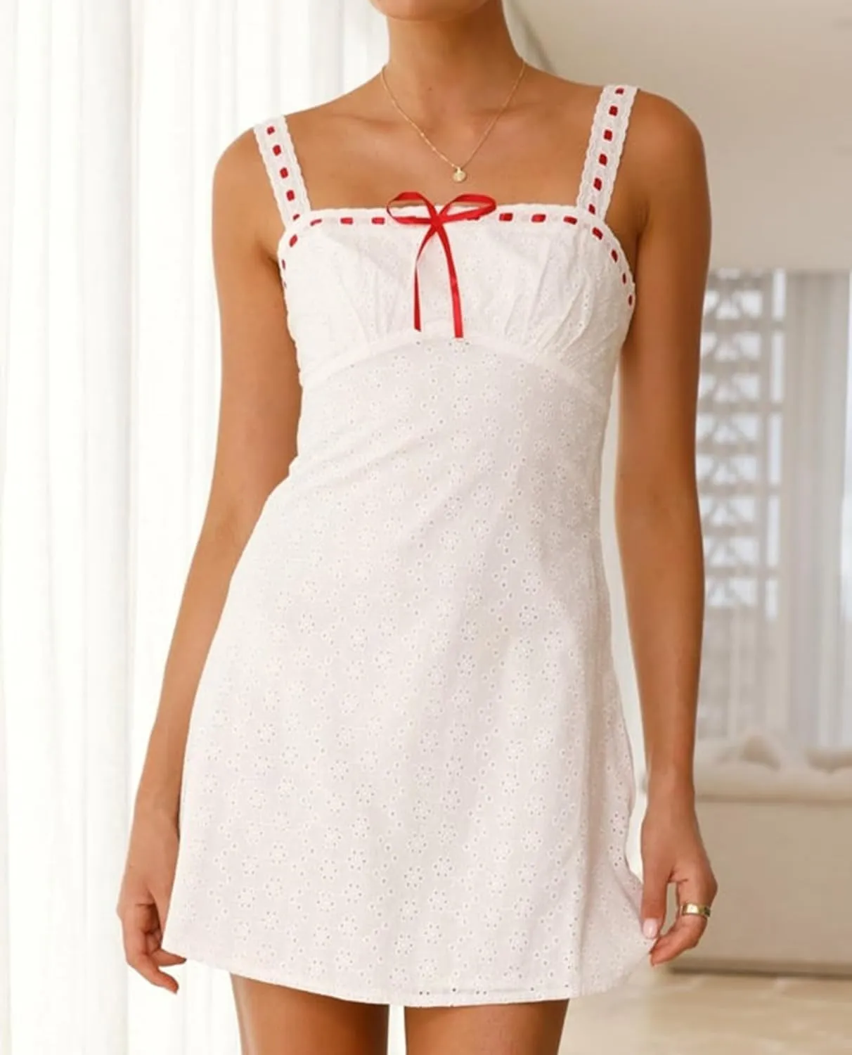 Women's Contrast Lace Bow Tie Front Mini Dress Sleeveless Adjustable Straps Floral Mesh Fully Lined Short Dress