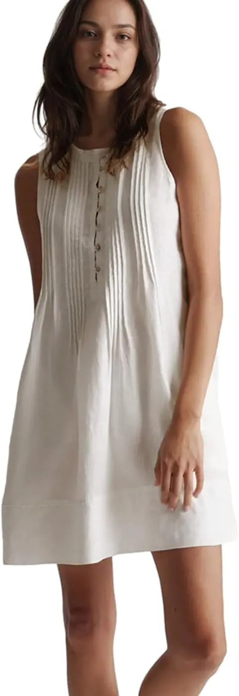 Women's Cotton Linen Crew Neck Sleeveless Swing Dress Casual Front Button Dresses with Pockets