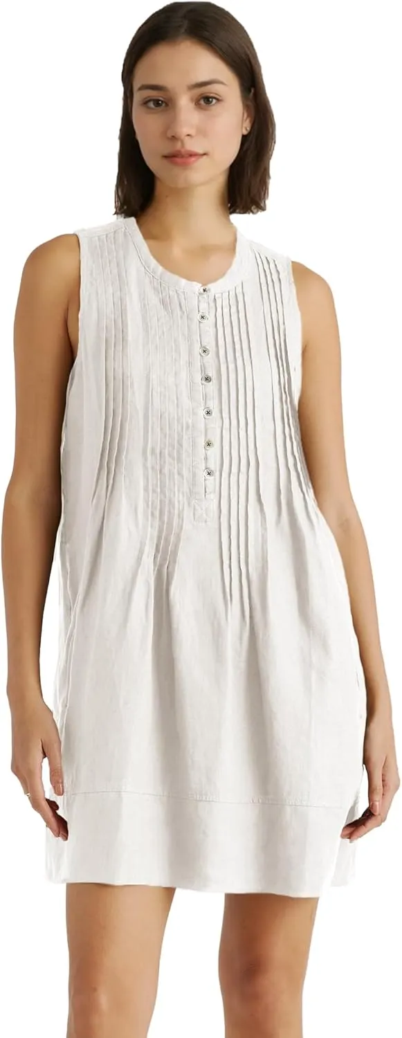 Women's Cotton Linen Crew Neck Sleeveless Swing Dress Casual Front Button Dresses with Pockets