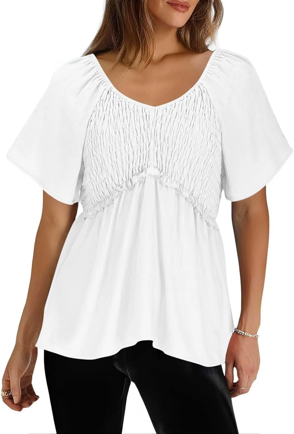 Womens Summer Dressy Tops Short Sleeves Crewneck Pleated Patchwork Tunic Top Leisure Loose Hide Belly T-Shirts
