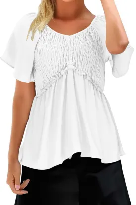 Womens Summer Dressy Tops Short Sleeves Crewneck Pleated Patchwork Tunic Top Leisure Loose Hide Belly T-Shirts