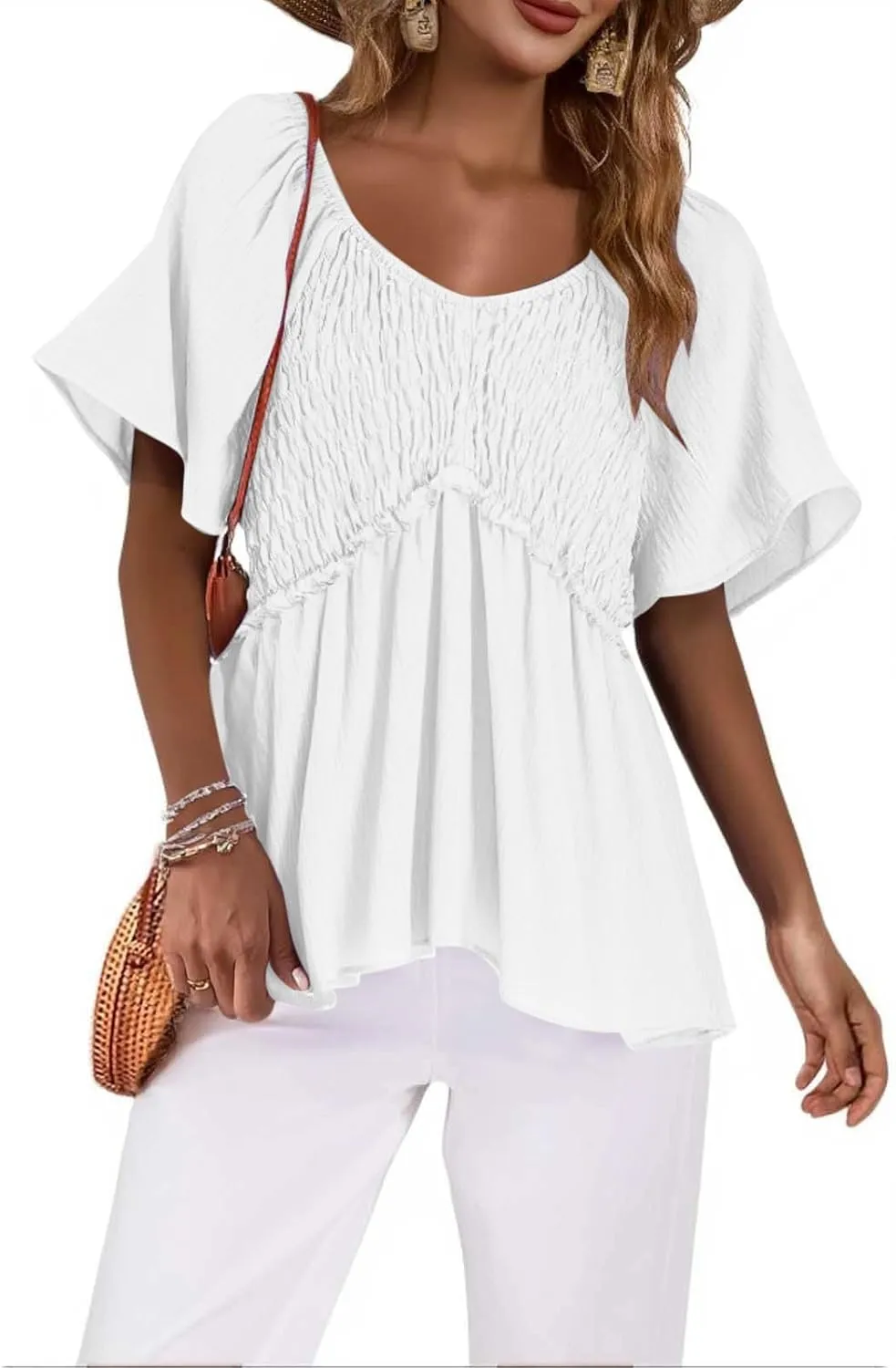 Womens Summer Dressy Tops Short Sleeves Crewneck Pleated Patchwork Tunic Top Leisure Loose Hide Belly T-Shirts