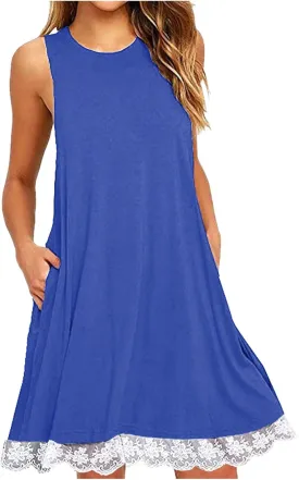 Womens Summer Tank Dresses Lace Hem Mini Dress Casual Sleeveless Sundress Beach Vacation Dresses with Pockets