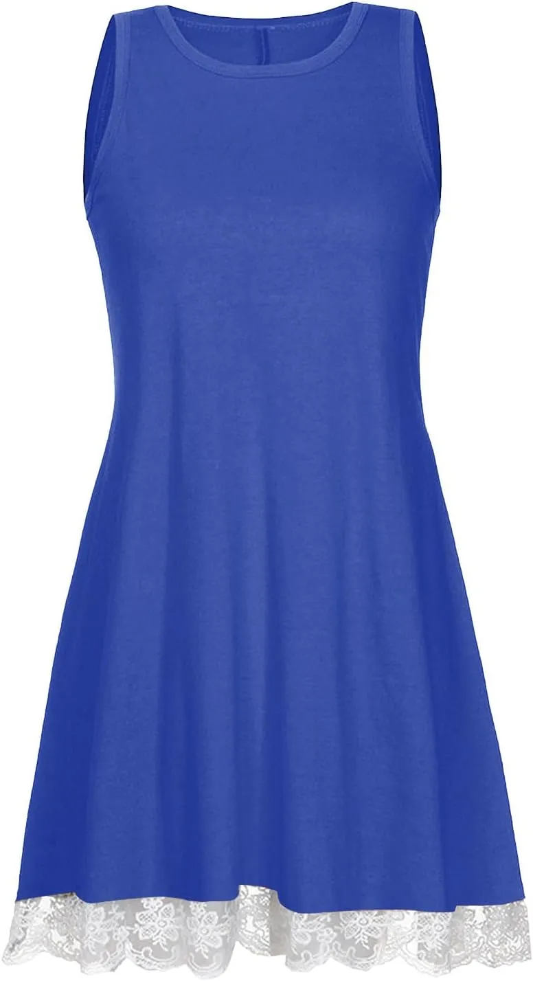 Womens Summer Tank Dresses Lace Hem Mini Dress Casual Sleeveless Sundress Beach Vacation Dresses with Pockets