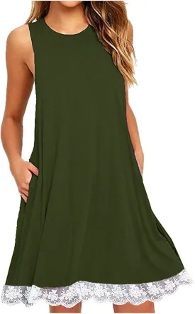 Womens Summer Tank Dresses Lace Hem Mini Dress Casual Sleeveless Sundress Beach Vacation Dresses with Pockets