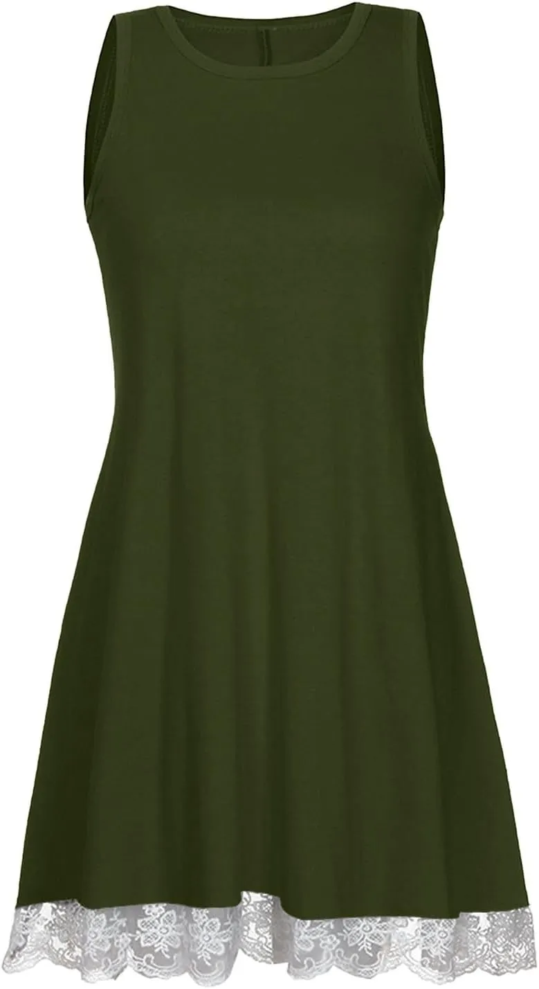 Womens Summer Tank Dresses Lace Hem Mini Dress Casual Sleeveless Sundress Beach Vacation Dresses with Pockets