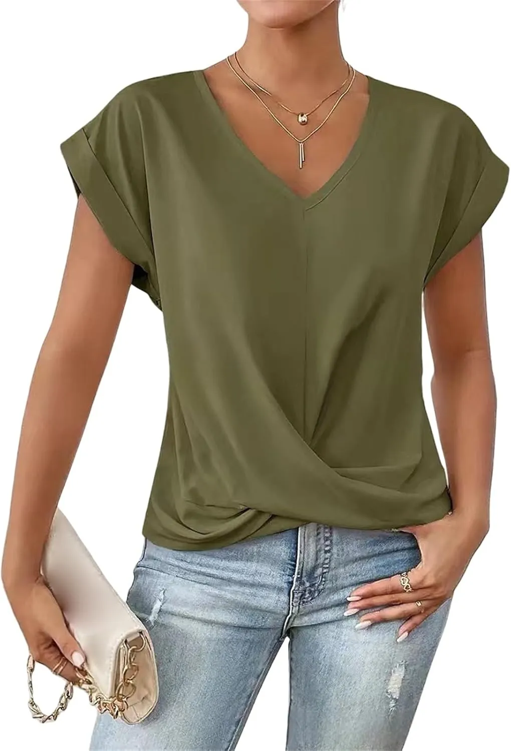 Women's Tops Short Sleeve V Neck Shirt Twist Knot Front Top Loose Fit Lightweight T-Shirt Summer Tunic Tops Blouses