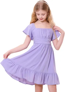 Zando Girls Dresses Tie Back Dress for Girls Ruffle Short Sleeve Dresses Tween Kids Off Shoulder Junior Dress 6-16 Years
