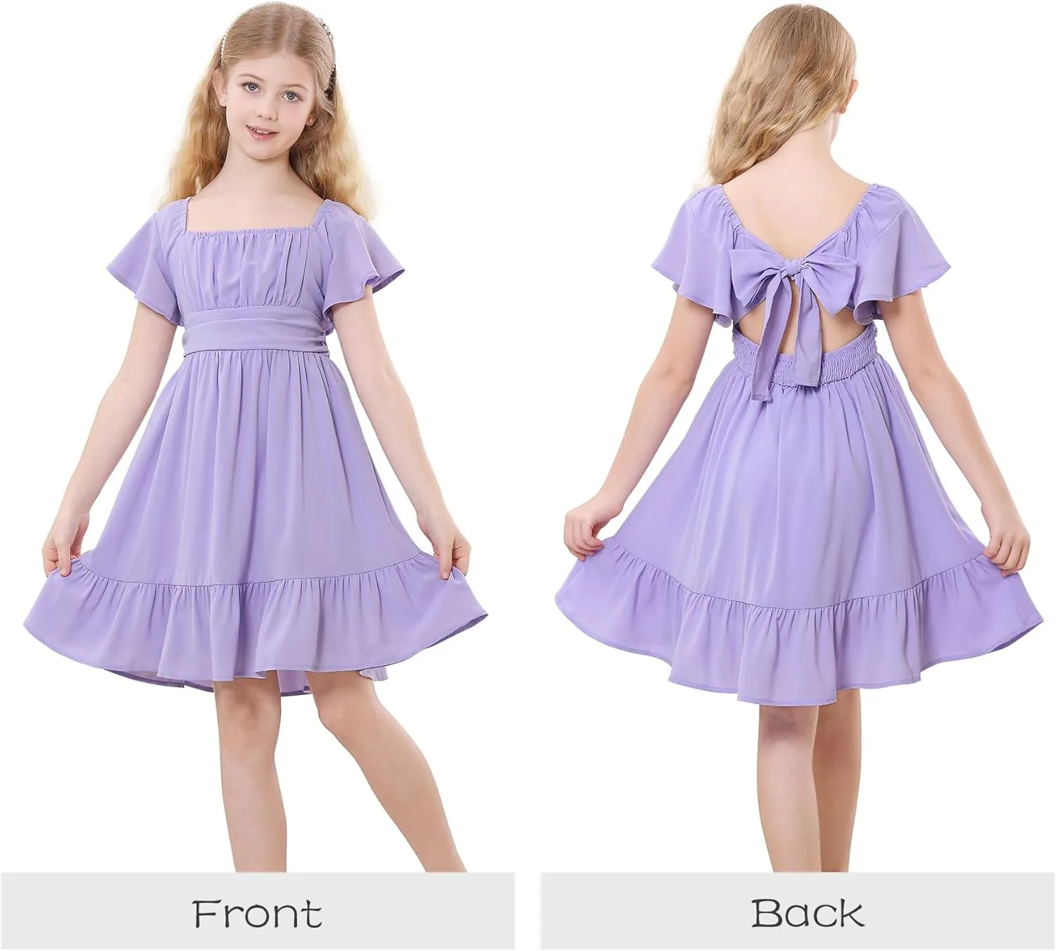 Zando Girls Dresses Tie Back Dress for Girls Ruffle Short Sleeve Dresses Tween Kids Off Shoulder Junior Dress 6-16 Years